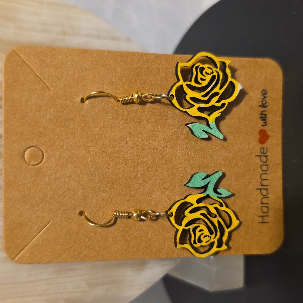 Artisan Gold Rose Earrings with Green Accents